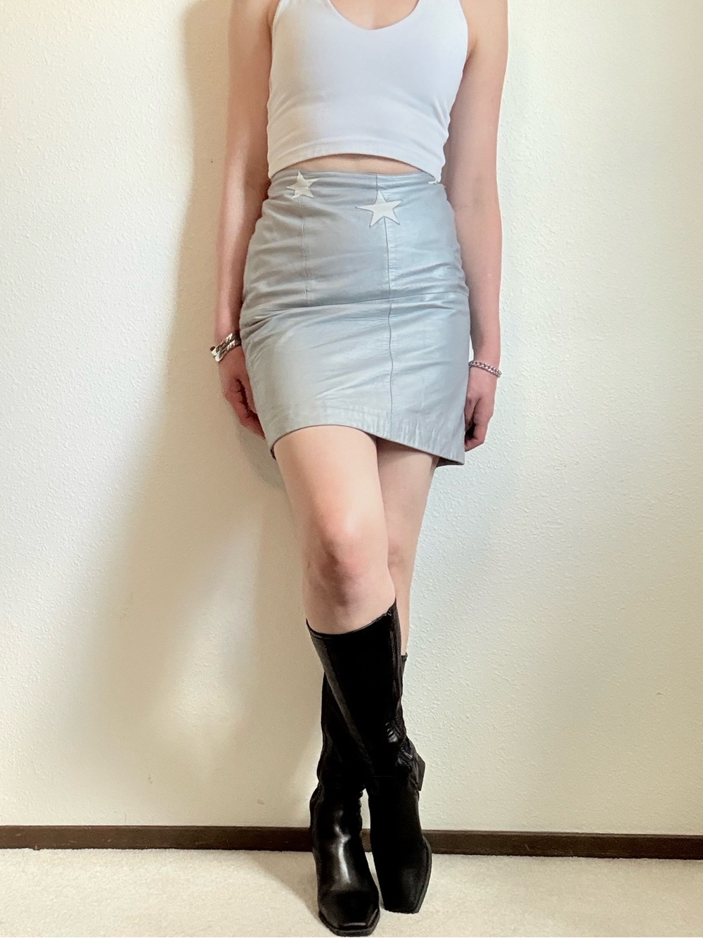 Vintage Silver Leather Mini Skirt with Star Embellishment 80s Rock Band